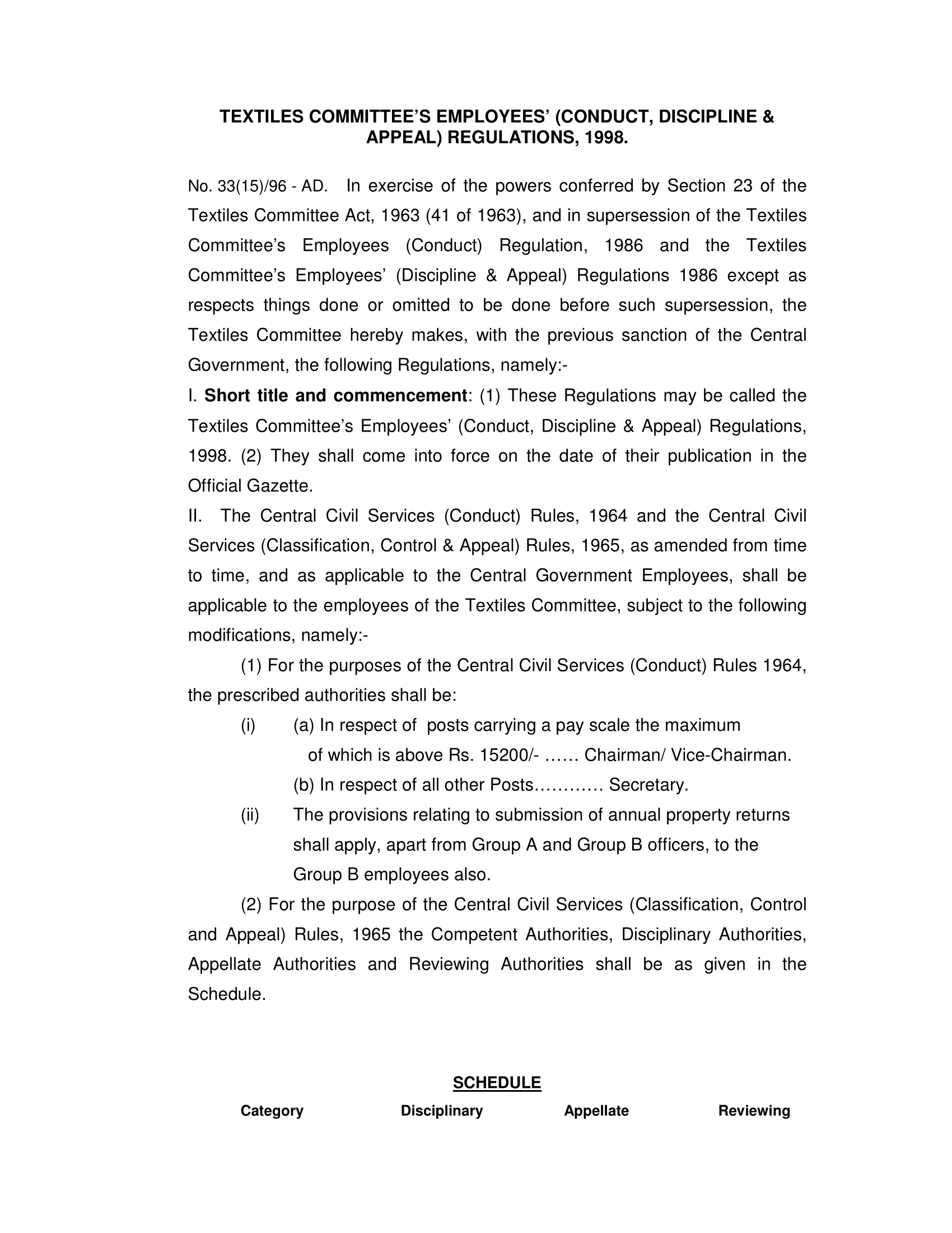 Textile Committee Employees (Conduct and Discipline